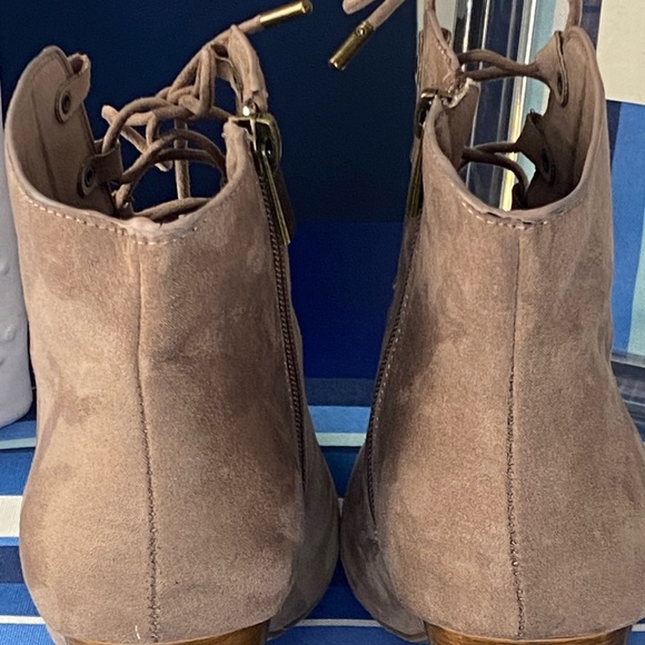 Light brown/beige suede like lace up open toe chunky high heel ankle booties - Picture 6 of 15